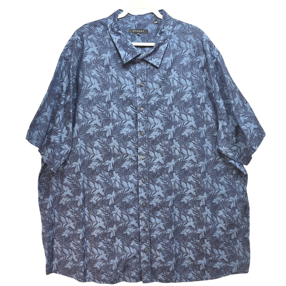SYNRGY Button Down Shirt Mens 4XLT Jacquard Tropical Floral Blue Tall Resortwear